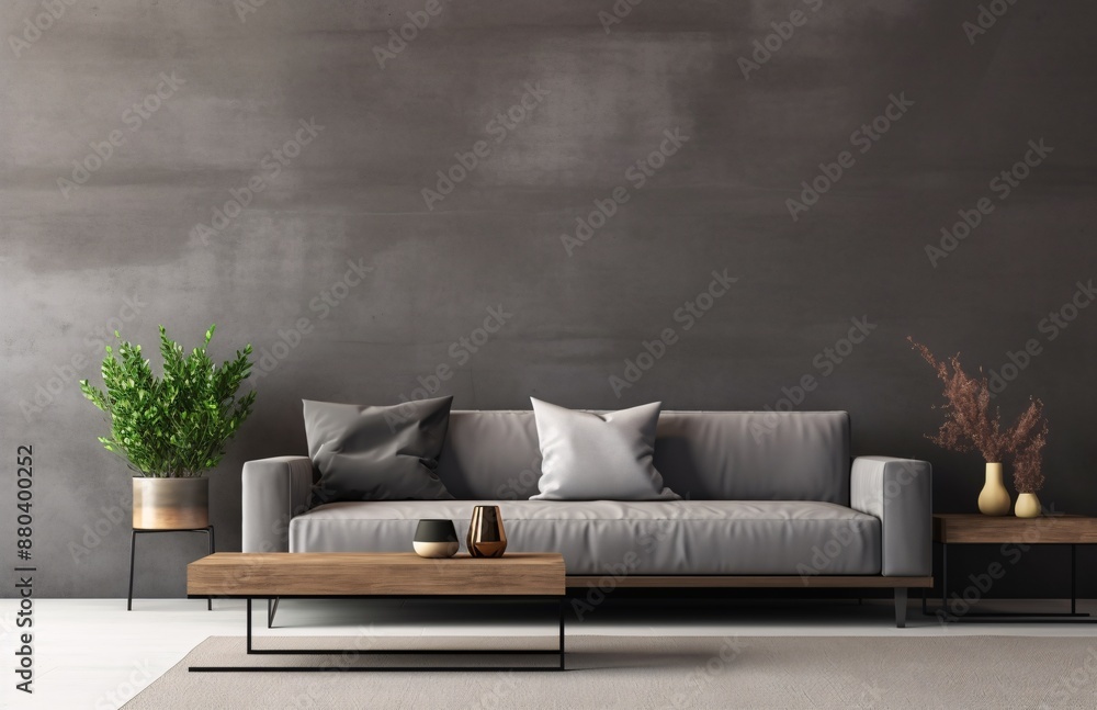 Gray living room with a little white sofa and rectangle coffee table. mockup Gray living room with a little white sofa and rectangle coffee table. mockup