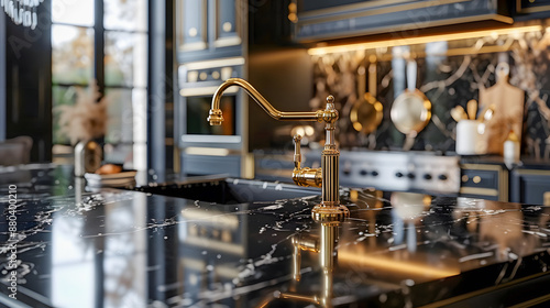 a luxurious kitchen with a massive marble topped island as the centerpiece, adorned with a gleaming gold faucet 