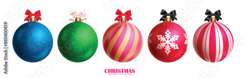 Christmas balls vector set design. Christmas 3d ball with colorful patterns, print, ribbons and glitter in white isolated background for holiday season ornament decoration. Vector illustration xmas 