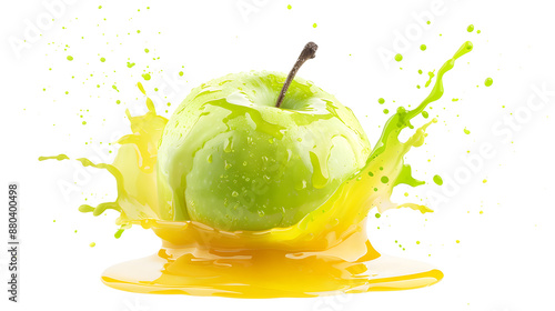 Green Apple with juice splash isolated on white background