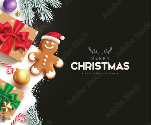 Merry christmas greetings vector template design. Christmas greeting text with ginger bread, gift boxes, spruce leaves, xmas balls, candy cane and stars elements in elegant snow black background. 