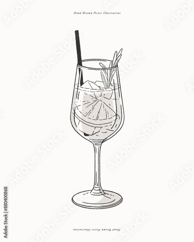 Aperol spritz. Alcoholic cocktail garnished with a slice of orange and a sprig of rosemary. Cold drink with ice in an elegant wine glass. Illustration for drinks cards, bar and wedding menus.