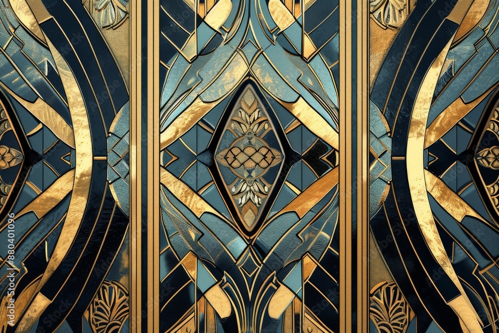 Luxurious black and gold wallpaper with art deco patterns, reminiscent of 