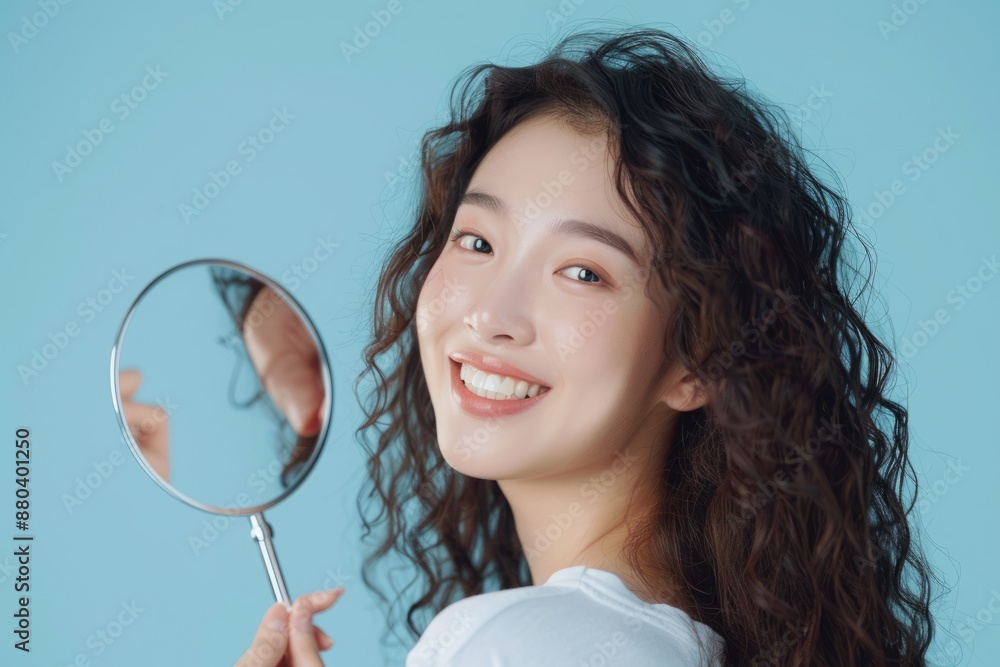 Beautiful Asian beauty with long curly hair, Korean makeup, radiant complexion, healthy facial skin, portrait smile, looking at the mirror on an isolated blue background. Beautiful Asian beauty with long curly hair, Korean makeup, radiant complexion, healthy facial skin, portrait smile, looking at the mirror on an isolated blue background.