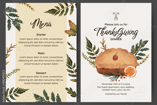 Thanksgiving dinner menu template with flower  autumn leaves and food illustration. menu card with pie and orange slice illustration.