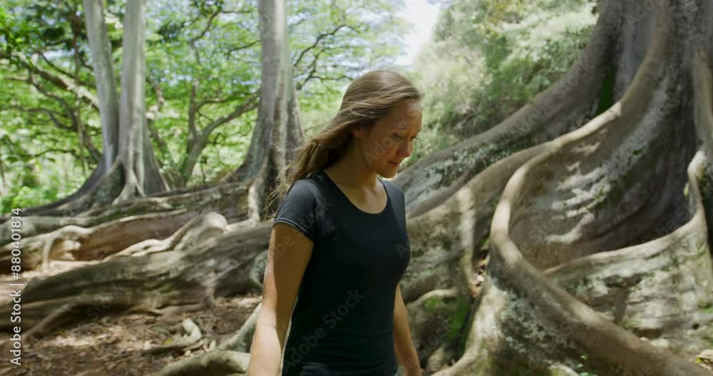 Slow motion of beautiful woman walking through jungle - medium shot Slow motion of beautiful woman walking through jungle - medium shot