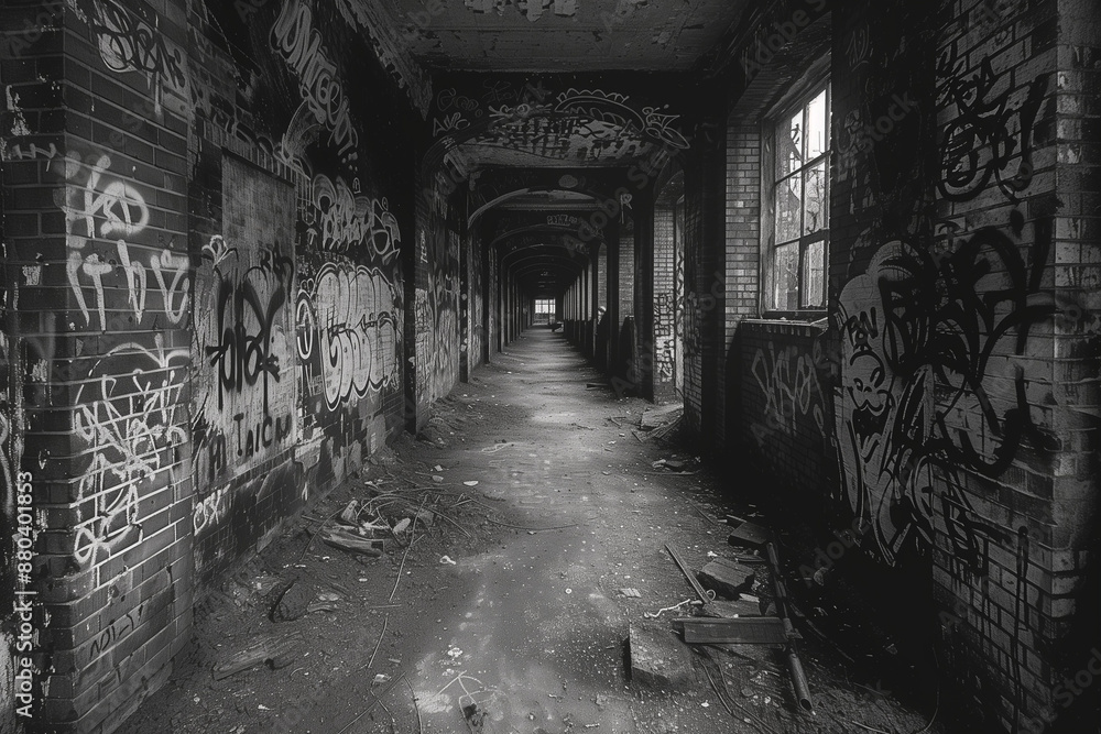 Obraz premium desolate hallway in abandoned building with graffiti covered walls, urban decay and artistic expression in black and white, eerie empty corridor
