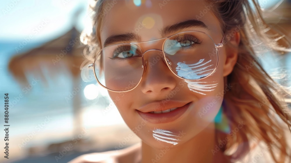 Young woman applies sunscreen on her face, highlighting the importance of skin protection against harmful UV rays for maintaining healthy, youthful skin during sunny days Young woman applies sunscreen on her face, highlighting the importance of skin protection against harmful UV rays for maintaining healthy, youthful skin during sunny days