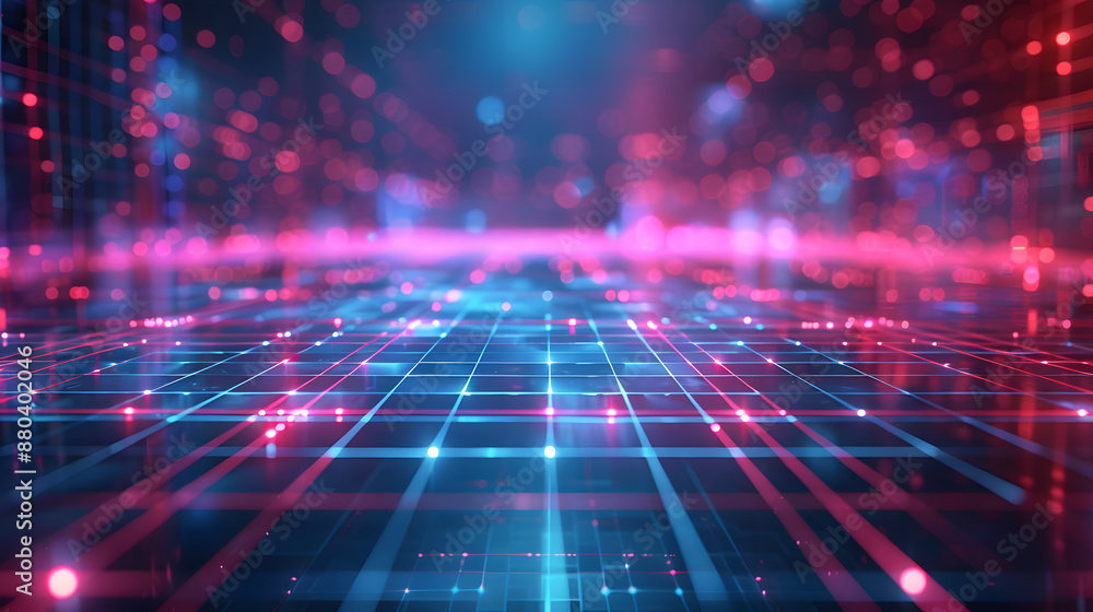 Cyan blue and purple grids neon glow light lines design on perspective floor, creativity, digital Cyan blue and purple grids neon glow light lines design on perspective floor, creativity, digital