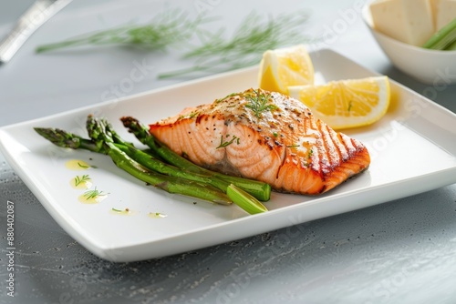 Scrumptious grilled salmon fillet with lemon and asparagus