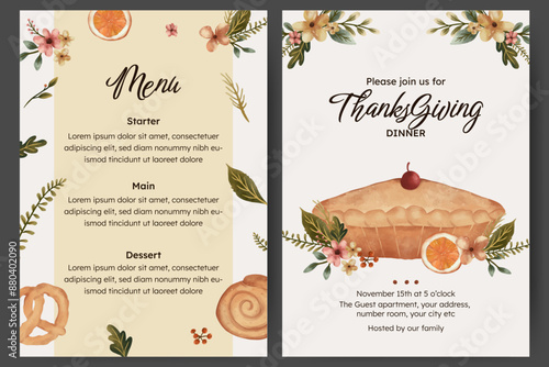 Thanksgiving dinner menu template with flower, autumn leaves and food illustration. menu card with pie, pretzel and orange slice illustration.