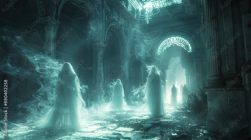 Obraz premium Ethereal ghosts haunt an abandoned, gothic church with eerie light illuminating the decrepit arches and spectral figures.