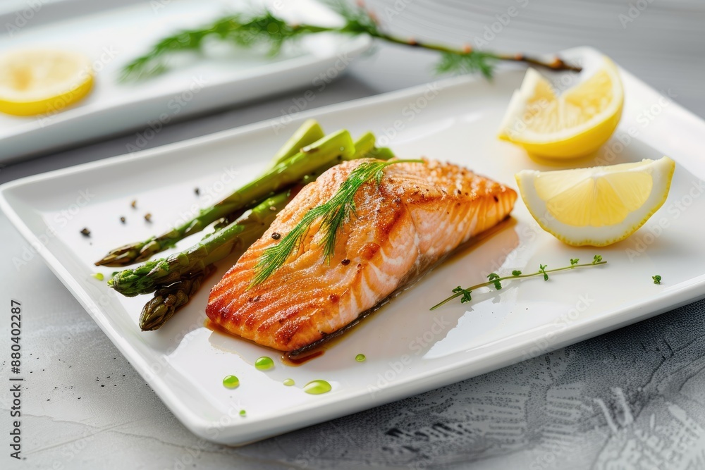 Scrumptious grilled salmon fillet with lemon and asparagus on a white plate Scrumptious grilled salmon fillet with lemon and asparagus on a white plate