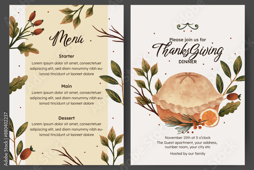 Thanksgiving dinner menu template with flower,  autumn leaves and food illustration. menu card with pie and berry illustration.