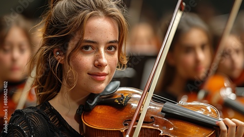 Young Woman Playing Violin in Orchestra photo