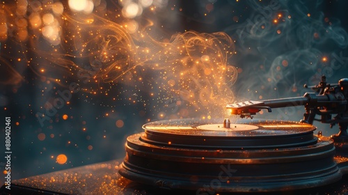 Vintage turntable playing a record with magical sparkles and festive bokeh lights in the background, evoking a warm and nostalgic atmosphere.