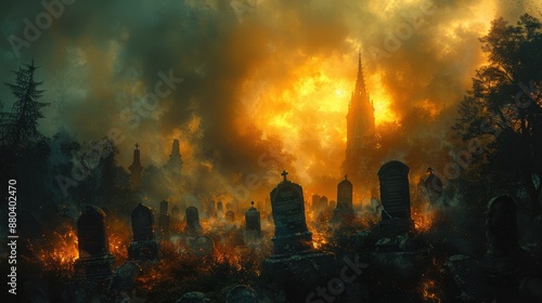 A haunting image of a graveyard engulfed in flames with dark smoke and an eerie sunset glow in the background. photo