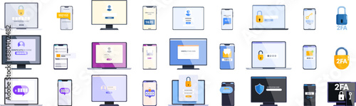 2fa icons set. Collection of electronic devices showing different ways of performing two factor authentication