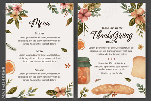 Thanksgiving dinner menu template with flower, autumn leaves and food illustration. menu card with bread, orange slice and jam in jar illustration 