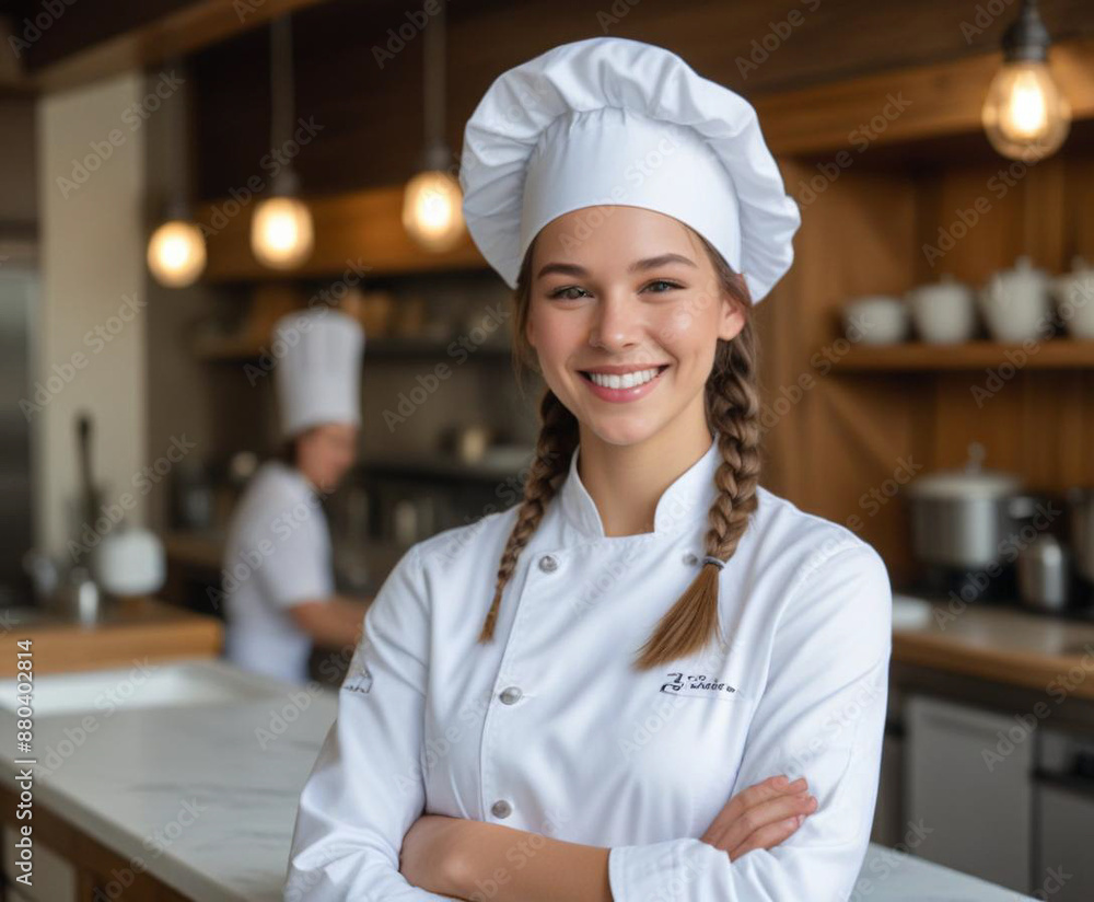 a woman in a chef's uniform stands in a kitchen with a smile on her face.
a woman in a chef's uniform stands in a kitchen with a smile on her face.