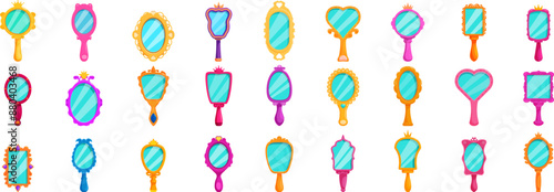 Princess mirror icons set. Collection of princess hand mirrors with ornate gold and jewel decorations reflecting light