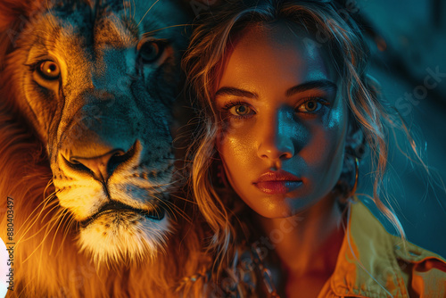 Beautiful woman and lion in dramatic lighting.