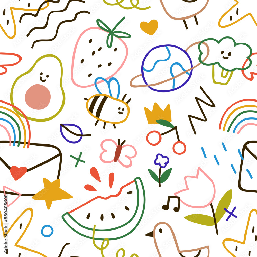 Cute doodle pattern. Seamless childish background, colorful fun drawings. Creative kids hand-drawn sketches, scribbles, endless design, print for fabric, wallpaper, wrapping. Flat vector illustration Cute doodle pattern. Seamless childish background, colorful fun drawings. Creative kids hand-drawn sketches, scribbles, endless design, print for fabric, wallpaper, wrapping. Flat vector illustration