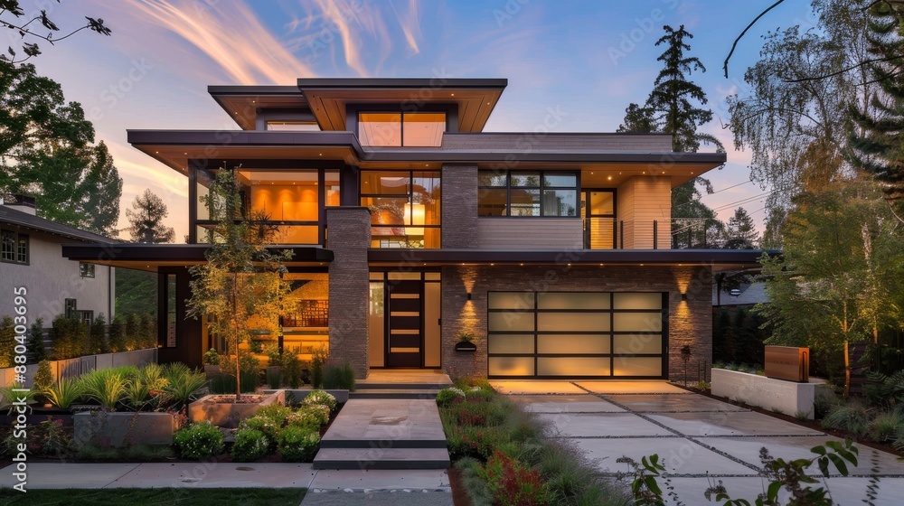 Modern house with glass walls, landscaped garden, garage Modern house with glass walls, landscaped garden, garage