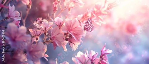 Tranquil Daybreak: Pink Mallow Flowers Butterflies