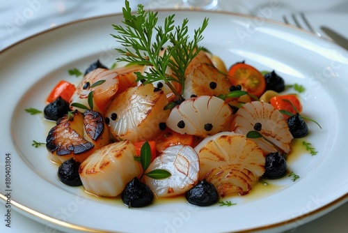 Exquisite scallops with black garlic and carrot garnish on a white plate photo