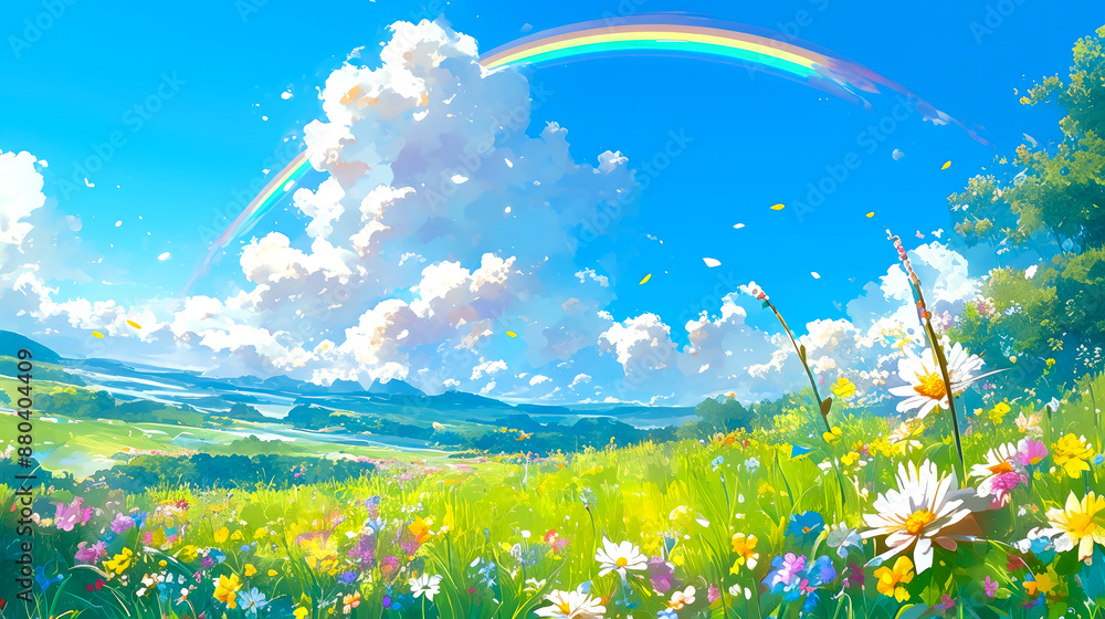 Obraz premium beautiful rainbow on sky blue with green field and tree style anime