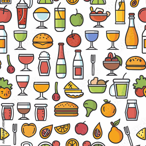 Seamless pattern with food and drinks icons on a white background.