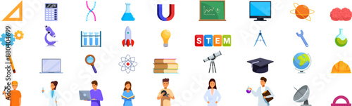 Stem education icons set. Scientists and engineers working using science and engineering equipment studying stem subjects