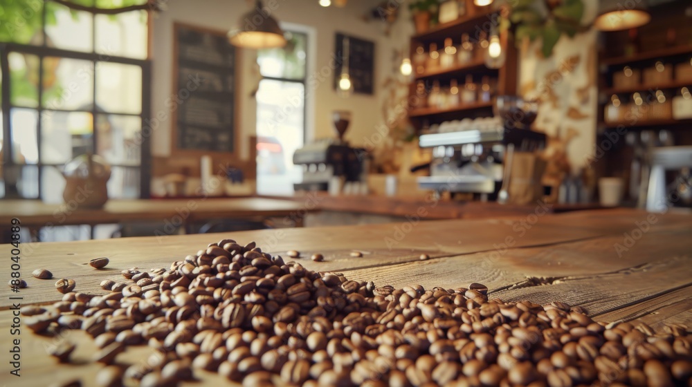 Pile of coffee beans on a wooden table in a café. Pile of coffee beans on a wooden table in a café.