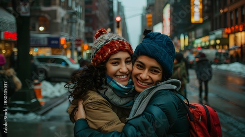 Two Young Women Embracing in the City