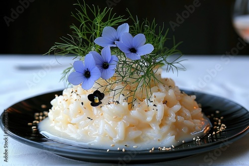 Rice dish garnished with blue flowers and dill on a black plate photo