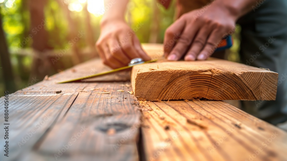 Hands measuring wood on a workbench outdoors, ready for precision woodworking and carpentry project. Hands measuring wood on a workbench outdoors, ready for precision woodworking and carpentry project.