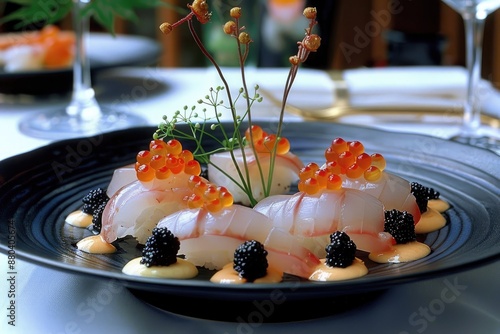 Exquisitely plated sushi with caviar and edible flowers