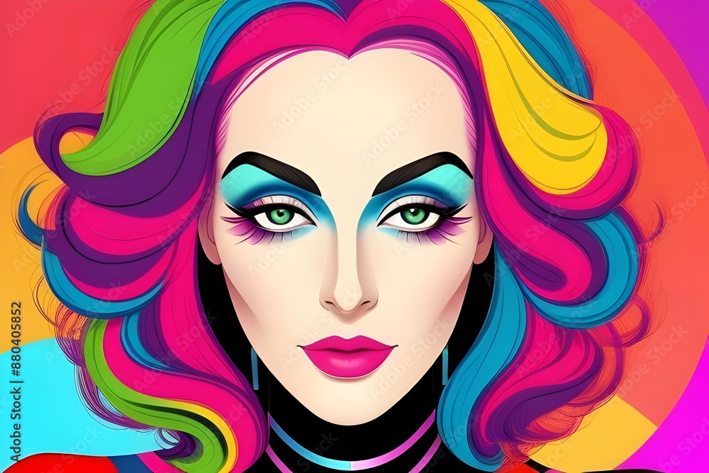 illustration, drawing of a Colourful, 1970s closeup of a beautiful disco woman, 1970s fashion, retro, vintage, rainbow colors, stylish, retro hairstyle, Beauty, Glamour, Funky, illustration, drawing of a Colourful, 1970s closeup of a beautiful disco woman, 1970s fashion, retro, vintage, rainbow colors, stylish, retro hairstyle, Beauty, Glamour, Funky,
