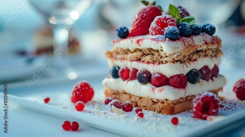 Wallpaper Mural Layered dessert with whipped cream and fresh berries on a white plate. Torontodigital.ca