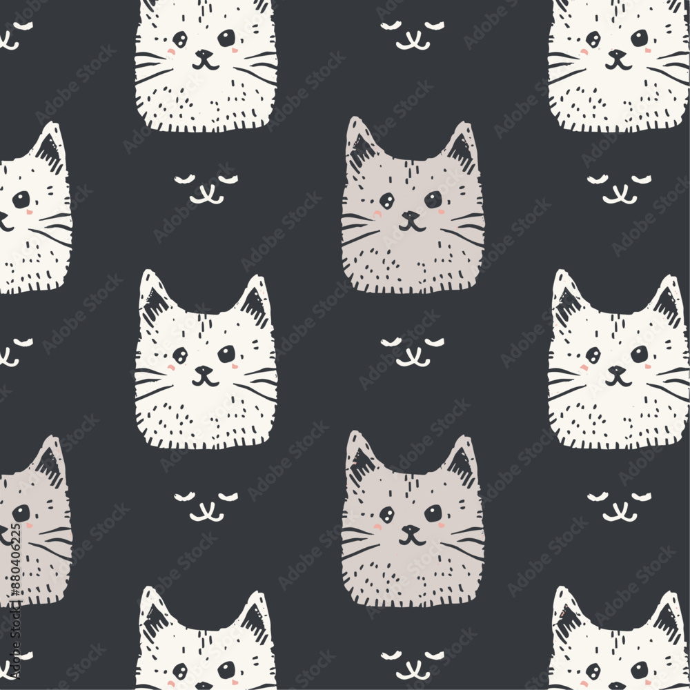 Cute Cat Faces Seamless Pattern, White Cats on Black Background Cute Cat Faces Seamless Pattern, White Cats on Black Background
