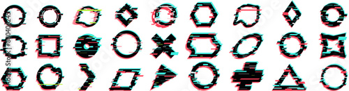 Circle glitch effect icons set. Collection of geometric shapes is glitching with an rgb color shift effect