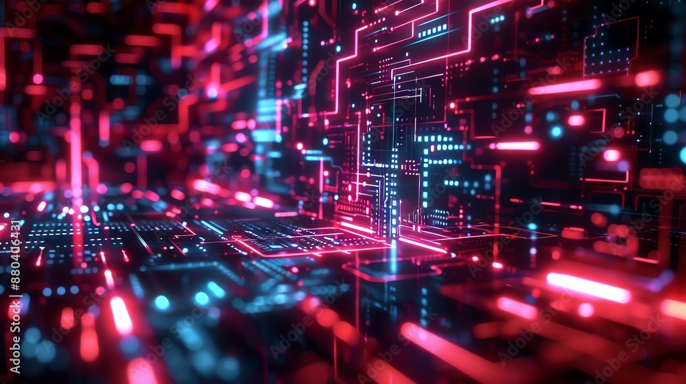 Futuristic digital circuit background in red and blue hues, representing technology and innovation in a modern digital world. Futuristic digital circuit background in red and blue hues, representing technology and innovation in a modern digital world.
