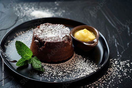 Decadent chocolate lava cake with vanilla sauce on black plate photo