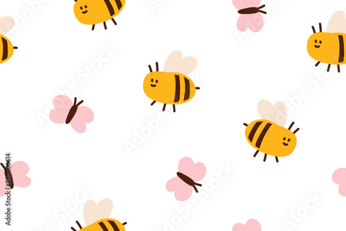 Bee and butterfly, seamless pattern. Endless repeating print with cute insects. Childish design, summer background for fabric, wallpaper and wrapping. Funny flying bumblebees. Flat vector illustration