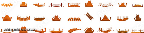 Rope bridge icons set. Set of various wooden bridges connecting land over water, perfect for any project needing a rustic or natural feel