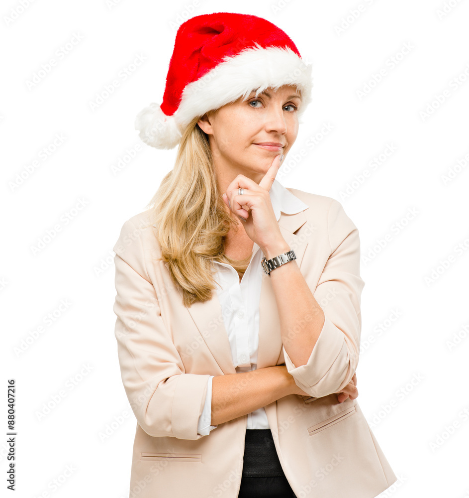 Christmas, thinking and portrait of business woman in studio for holiday, vacation and festive season. Corporate, professional and person for gift ideas, surprise and present on white background Christmas, thinking and portrait of business woman in studio for holiday, vacation and festive season. Corporate, professional and person for gift ideas, surprise and present on white background