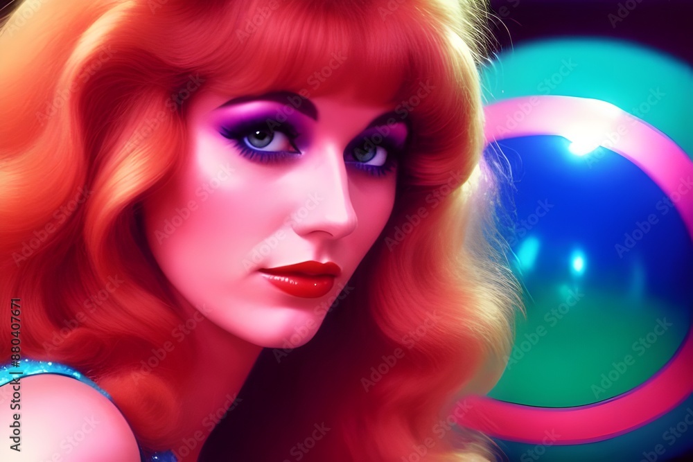an image of a Colourful, 1970s closeup of a beautiful disco woman, 1970s fashion, retro, vintage, rainbow colors, stylish, retro hairstyle, Beauty, Glamour, Funky, an image of a Colourful, 1970s closeup of a beautiful disco woman, 1970s fashion, retro, vintage, rainbow colors, stylish, retro hairstyle, Beauty, Glamour, Funky,