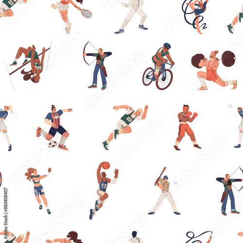 Endless seamless pattern with athletes. Summer international sports. Strong people achieving success. Vector illustration in flat style isolated on transparent background.