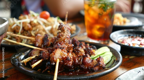 Grilled meat skewers and iced tea on dinner table feast